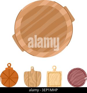 Assorted wooden kitchen products featuring a large round pizza serving board and various cutting boards, providing diverse options for food preparatio Stock Vector