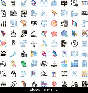 Collection of various modern linear, pixel perfect, and glyph style icons illustrating a wide range of concepts from business, technology, social issu Stock Vector
