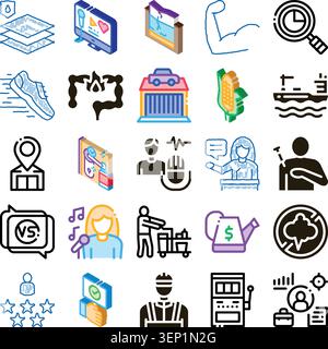 Variety of isometric and doodle style icons illustrating diverse concepts including technology, health, industry, shipping, growth, service, and data Stock Vector