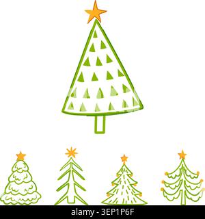 Hand drawn illustration featuring a variety of simple green coniferous trees with yellow star toppers, symbolizing winter holidays, seasonal tradition Stock Vector
