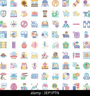 Collection of colorful flat line icons illustrating diverse business concepts, finance, communication, technology, nature, food, and personal well bei Stock Vector