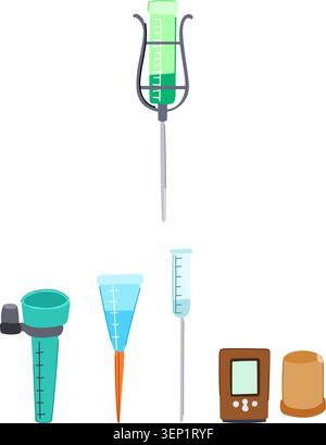 Different types of rain gauges and measuring tools collecting water, monitoring rainfall levels, and providing essential data for meteorology, agricul Stock Vector