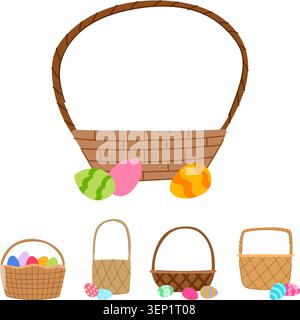 Collection of wicker baskets, empty and filled with colorful decorative eggs and treats, festive spring and easter elements for holiday designs, hunt, Stock Vector
