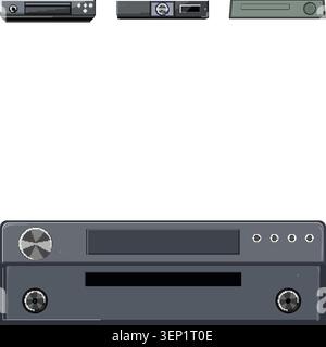 Sleek digital media players on white background showing buttons, displays, disc trays and connectors for home entertainment, streaming, audio and vide Stock Vector