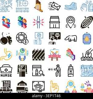 Set of icon style illustrations representing a wide range of topics including business, health, education, transport, sports, and general concepts for Stock Vector