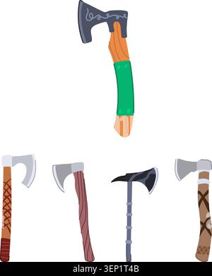 Collection of stylized hand axes and hatchets in varied historical styles, illustrating ancient and medieval tools and weapons for themes of history, Stock Vector