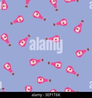 pattern pink liquid in a corked flask featuring a label with a heart and plus sign, representing medical healing, magical elixirs, and vitality in gam Stock Vector