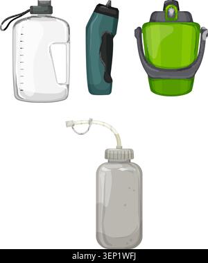 Assorted collection of sport and fitness drink containerswater bottles, shakers, jugs and plastic hydration gear for workouts, running, cycling, campi Stock Vector