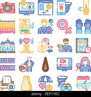 Set of colorful flat style illustrations covering a wide range of topics including technology, finance, health, law, travel, and social issues for web Stock Vector
