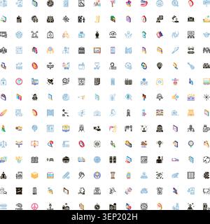 Large set of diverse isometric icons representing various business, technology, finance, travel, education, and medical concepts with minimalist desig Stock Vector