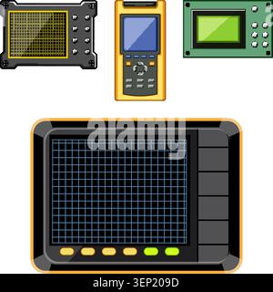 Various electronic test and measurement devices are collected on a white background, featuring oscilloscopes, handheld meters, and circuit board compo Stock Vector