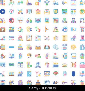 Collection of diverse outline and filled vector icons illustrating a wide range of business, finance, technology, environment, health, and everyday li Stock Vector