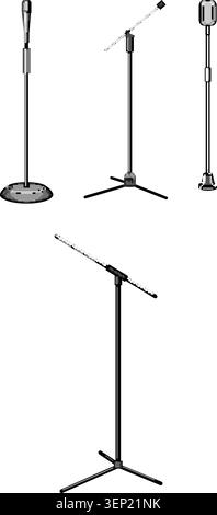 Various microphone stands and different types of microphones stand ready, illustrating audio equipment used for recording, live music, interviewing, a Stock Vector