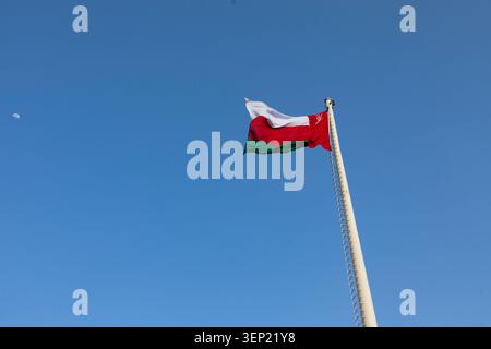 Omani flag waving on a tall pole against clear blue sky, symbolizing national identity, pride, and unity. Oman - April 6 2026 Stock Photo