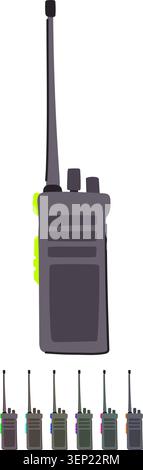 Gray radio walkie talkie featuring an antenna and orange buttons, presenting effective long distance vocal communication typically used by police, mil Stock Vector