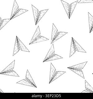 seamless pattern fold paper plane hand drawn. flight wings, glide throw, model craft fold paper plane black sketch illustration Stock Vector