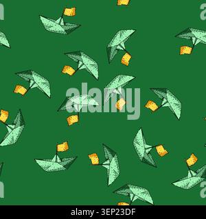 pattern Hand drawn paper boat with a flag floating, symbolizing childhood dreams, adventure, and the excitement of a new journey with a simple, creati Stock Vector