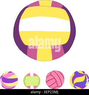 Collection of stylized volleyballs displaying different color combinations and patterns, representing sports equipment for team activities and recreat Stock Vector