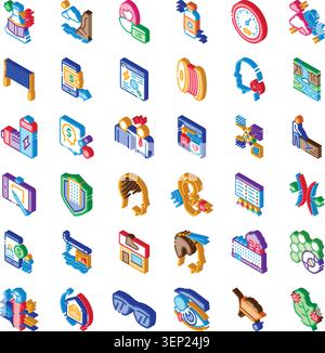 Isometric icons set with graphic design symbols and modern illustrations covering various fields like technology, medical, business, nature, and servi Stock Vector