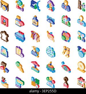 Modern isometric icon collection visualizing various abstract concepts like commerce, communication, data, technology, health, and environment, useful Stock Vector