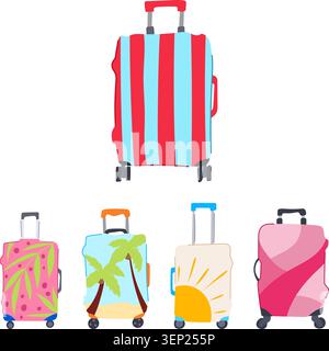 Collection of different travel suitcases featuring various creative and vibrant designs on their protective covers, ideal for vacation and personalizi Stock Vector