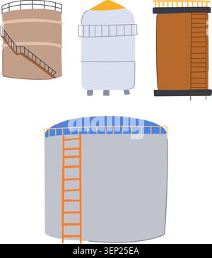 Industrial storage tanks illustrate different types of vessels used for holding oil, fuel, chemicals, water, or granular products in various manufactu Stock Vector