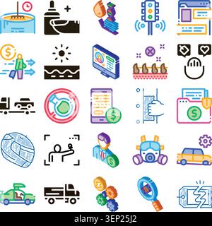 Set of vector illustrations depicting diverse concepts including medical science, digital transactions, transport vehicles, web security, and industri Stock Vector