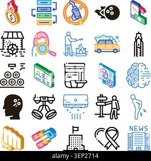 Variety of isometric color and contour line icons representing common business concepts, medical conditions, and interactive web elements for interfac Stock Vector