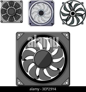 Diverse collection of technical computing fans illustrating essential components for processor cooling and maintaining optimal temperature within mode Stock Vector