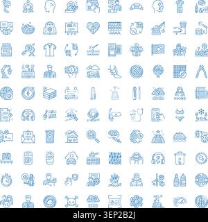 Set of hand drawn doodle sketch icons in blue color, representing various concepts related to business, health, travel, safety, technology, and more, Stock Vector