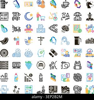 Diverse colorful glyph icon set covering business, finance, health, food, travel and technologyclean flat pictograms for apps, web ui, marketing, and Stock Vector