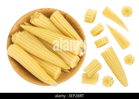 Pickled young baby corn cobs in wooden bowl isolated on white background Top view. Flat lay Stock Photo