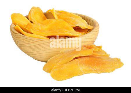 dried mango in wooden bowl isolated on white background Stock Photo