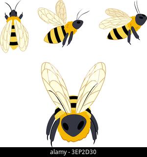 Cartoon bees representing a collection of different poses, flying around and pollinating, symbolizing environmental protection, nature, summer, and ec Stock Vector