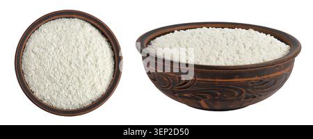 White flour in ceramic bowl isolated on white background. Top view. Flat lay. Stock Photo