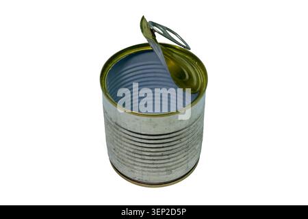 dirty opened tin can isolated on white background Stock Photo