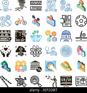 Essential collection of abstract linear and isometric icons illustrating various concepts including finance, health, technology, law, lifestyle, and o Stock Vector