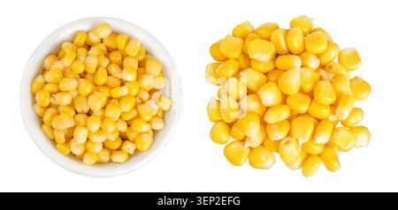 corn seeds in ceramic bowl isolated on white background. Top view. Flat lay Stock Photo