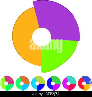 Circular pie chart with three colorful sections of red, blue, and yellow, representing segments of data distribution and market analysis in a financia Stock Vector