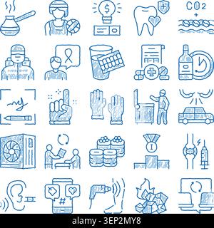 Hand drawn blue line icons set on white background illustrating medical, health, business and daily life concepts, medicine, therapy, environment, com Stock Vector