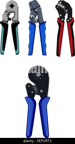 Assortment of crimping tools featuring various designs and handle colors, essential for securing electrical connections and professional wiring projec Stock Vector