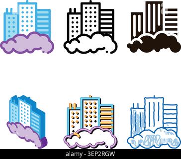 Building Skyscraper And Smog Vector Thin Line Icon. City Town Environmental designs Pollution, Chemical, Industrial Smog Linear Pictogram. Dirty Soil, Stock Vector