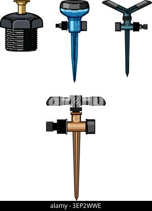 Various garden sprinklers and irrigation heads collection, pop up and watering devices for lawn and landscape maintenance, isolated on white backgroun Stock Vector