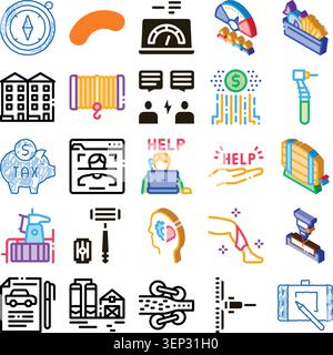 Collection of various business, finance, help, industrial, medicine, and social icons, representing diverse concepts and themes across different secto Stock Vector