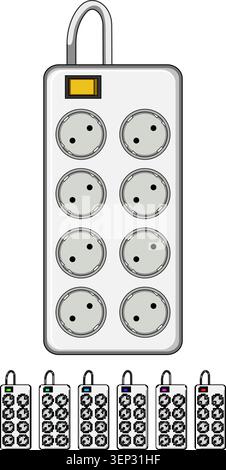 White power strip with multiple outlets, red onoff switch and cord for charging and distributing electricity to devices in home or office, close up, m Stock Vector