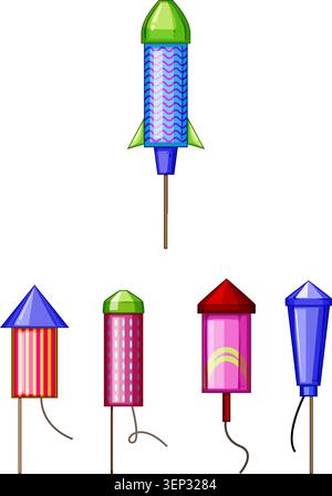 Brightly colored firework rockets and various crackers create a festive mood, symbolizing celebration, explosion, fun, and happy new beginnings on a w Stock Vector