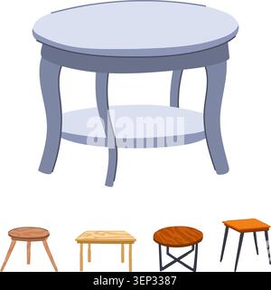 Collection of furniture tables in varied styles, large elegant oval table alongside four smaller wooden and metal accent tables, ideal for diverse int Stock Vector