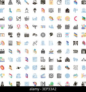 Collection of different colorful linear and glyph vector icons representing diverse objects, concepts, activities, and abstract symbols isolated on a Stock Vector