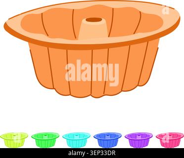 Pink silicone bundt cake pan standing on a white background, representing a versatile kitchen utensil perfect for baking various desserts, cakes, and Stock Vector