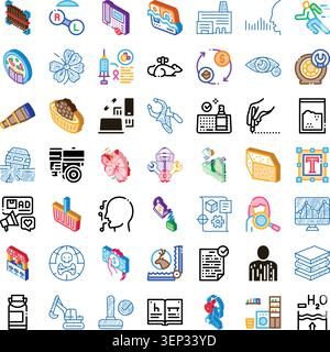 Set of diverse isometric and outlined vector line icons representing various categories including technology, business, medical, environment, and indu Stock Vector